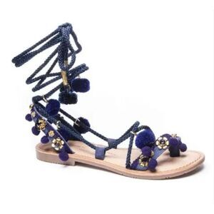 New Chinese laundry blue indigo suede pom Pom Portia gladiator sandals size 7.5